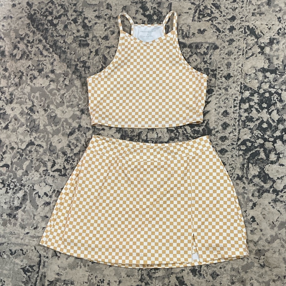Aeropostale Checkered Crop Top and Skirt Set - Beige and White